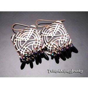 Black and Copper Celtic Square Chandelier Earrings